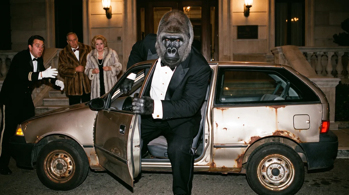 A gorilla in a tuxedo climbing out of a rusted hatchback at a mansion valet stand